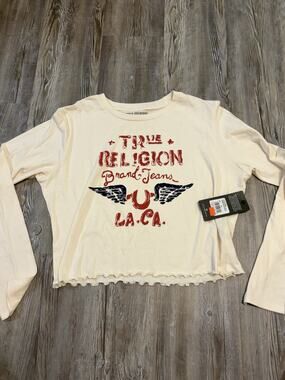 NWT True Religion Womens XL Graphic Crop Top Long Sleeve Big Spell Out Logo